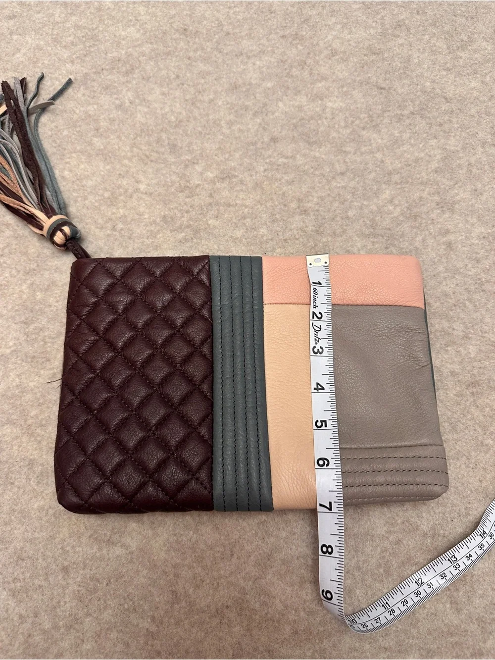 Margot Colorblock Quilted Patch Genuine Leather Zip Pouch Clutch with Tassel